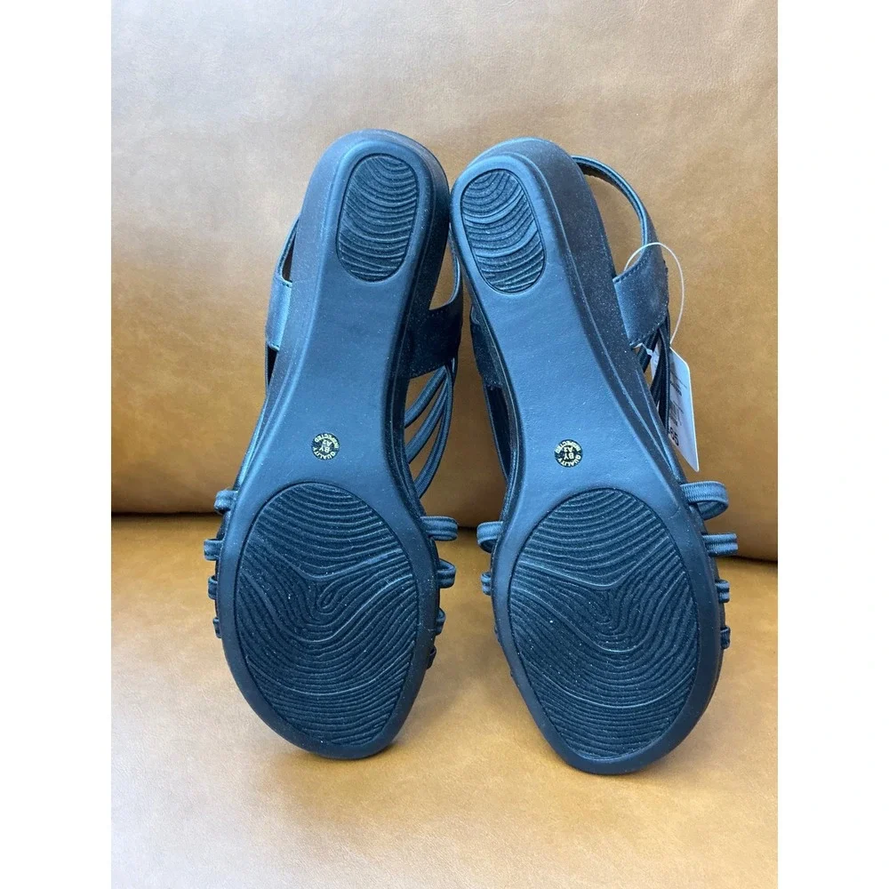 East 5th Reno Wedge Sandals Womens 7 Black Strappy Slingback Knotted EF RENO